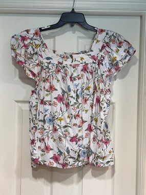 St. John's Bay White Floral Square-Neck Blouse with Flutter Sleeves